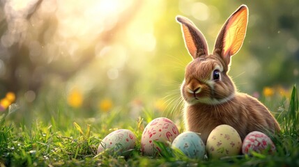 Easter celebration, Easter bunny with eggs on blurry spring background.