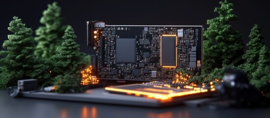 Futuristic Circuit Board Surrounded by Lush Green Trees and Ambient Lighting