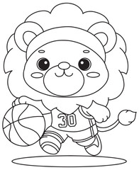 Coloring book  lion playing basketball, wearing a jersey with number 30. Fun line art for coloring,