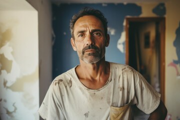 Obraz premium Portrait of a middle aged Hispanic male plastering painter in the living room