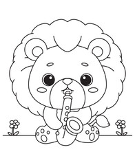 Coloring book lion playing a saxophone with flowers around. Fun line art for coloring