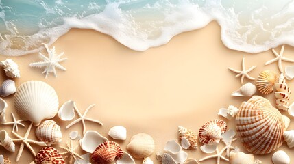 Obraz premium A peaceful sandy beach backdrop with an array of seashells starfish and other marine elements creating a serene and inviting coastal atmosphere