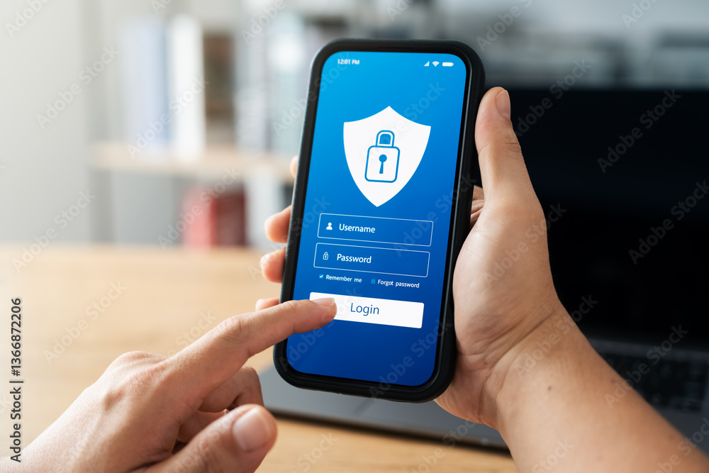 Poster cyber ​​security and data protection, businessman using smartphone to encrypt security to protect ag
