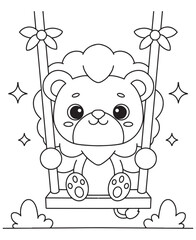 Coloring book lion on a swing with flowers and sparkles. Fun line art for coloring