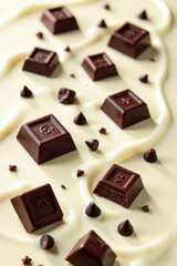 Fototapeta premium Rich dark chocolate chunks in white creamy background, dessert, indulgent, dark milk chocolate