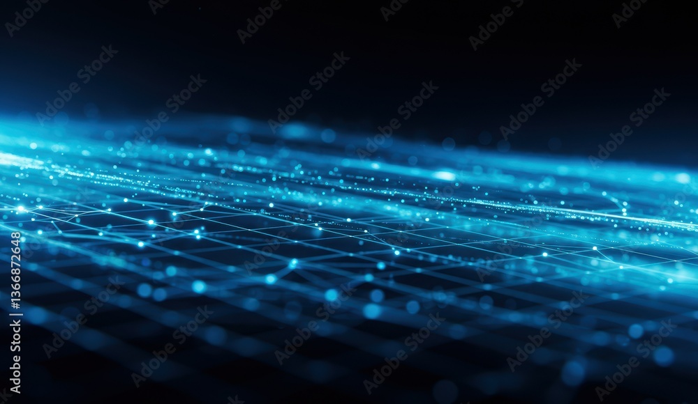 Poster abstract digital art showcasing flowing blue light patterns and particles representing technology an