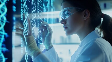 A geneticist researching AI assisted genome sequencing in a biotech facility, high-tech genetic engineering lab with DNA strand visualizations, Scientific style