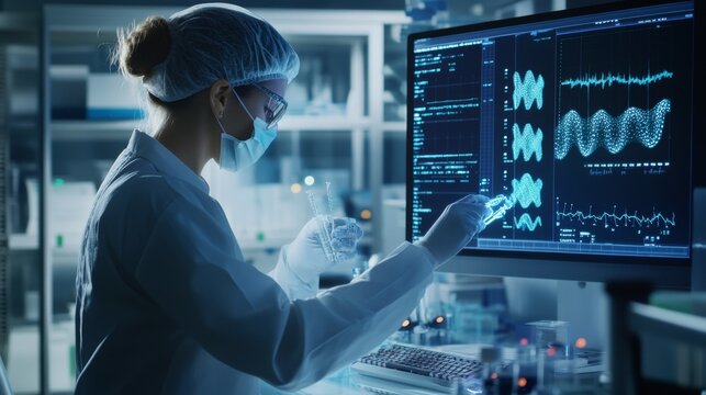 A geneticist using AI to decode rare genetic disorders in a state of the art biotech lab, futuristic genome sequencing facility with AI-driven pattern recognition, Scientific style