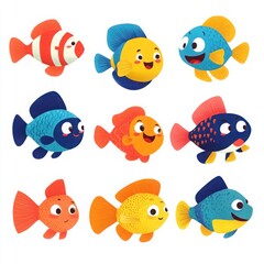 Colorful and Happy Cartoon Fish Characters Swimming in a Joyful Underwater Scene, Ideal for Children's Design and Educational Materials