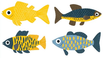 Colorful Cartoon Fish Illustrations with Unique Patterns and Various Shapes Ideal for Kids' Media, Educational Resources, and Creative Projects