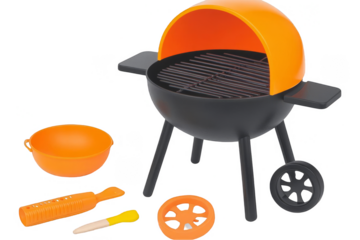 Illustration of a Black and Orange Barbecue Grill with Utensils on Transparent Background