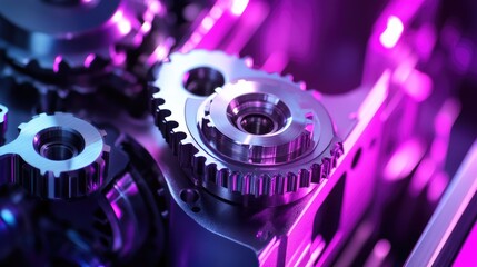 A futuristic mechanical actuator with polished metal components, highlighted against a glowing neon purple background