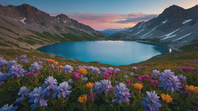 Mountain Lake at Dusk with Wildflowers and Colorful Sky View