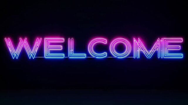 Vibrant neon welcome sign transitioning from darkness to glowing brightness