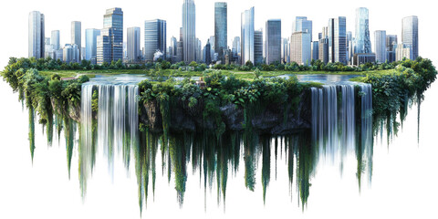 Illustration of a Floating City with Waterfalls and Lush Greenery