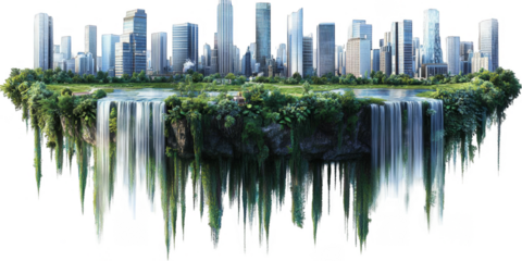 Illustration of a Floating City with Waterfalls and Lush Greenery