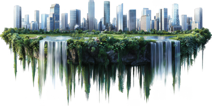 Illustration of a Floating City with Waterfalls and Lush Greenery