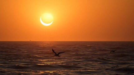 partial solar eclipse over vast ocean sun's crescent glow reflecting