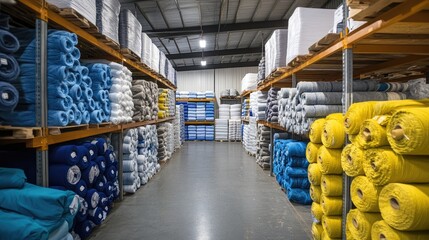 Fototapeta premium A high-angle view of a spacious textile warehouse filled with neatly arranged rolls of high-quality denim fabric.