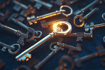Golden key among rusty vintage keys symbolizing uniqueness, success, leadership, opportunity, standout potential, value, and personal growth in a conceptual metaphor on contrast and choice
