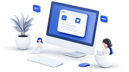 Stylized Figures Collaborate on a Computer with Chat Bubbles