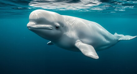 Naklejka premium Beluga Whale Swimming Gracefully Underwater in the Deep Blue Ocean Habitat