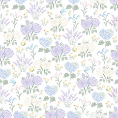 Seamless pattern of meadow with Rose, forget me not, lavender, daisy and bug.