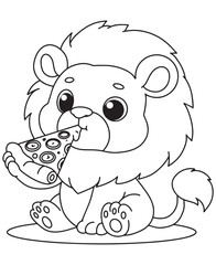 Coloring book  lion eating a slice of pizza. Fun line art for coloring, featuring a food scene 