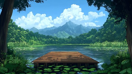 Naklejka premium Serene lake view with wooden dock and mountain backdrop.