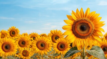 Fototapeta premium Sunlit Field of Vibrant Yellow Sunflowers Under a Blue Sky