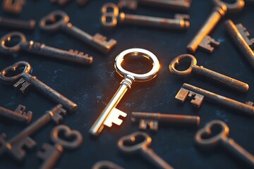 Golden key among rusty vintage keys symbolizing uniqueness, success, leadership, opportunity, standout potential, value, and personal growth in a conceptual metaphor on contrast and choice

