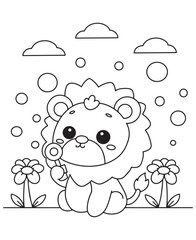Coloring book lion eating a lollipop, sitting between flowers under a cloudy sky with circles around