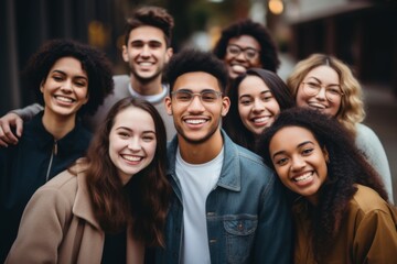 Obraz premium Portrait of a smiling diverse group of students Infront of university in USA