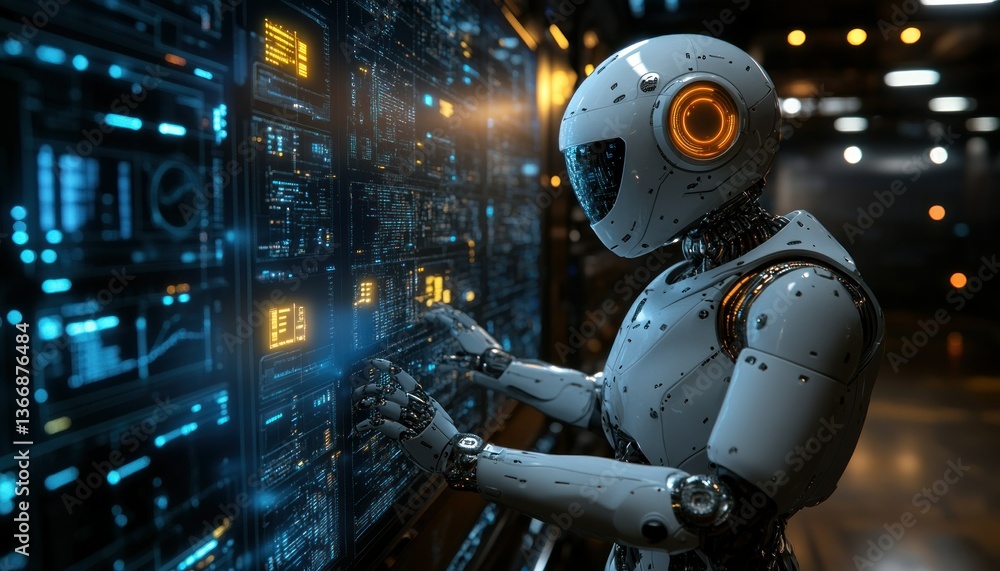 Poster futuristic robot analyzing data in high-tech control room environment