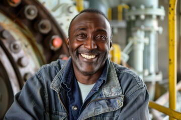 Fototapeta premium Portrait of a smiling middle aged black male engineer at hydroelectric plant