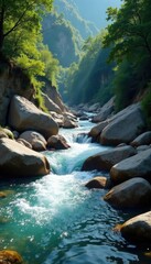 River flowing through a rocky terrain with boulders, water, rocks, riverbed