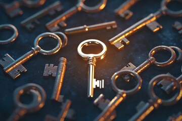 Golden key among rusty vintage keys symbolizing uniqueness, success, leadership, opportunity, standout potential, value, and personal growth in a conceptual metaphor on contrast and choice
