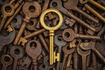 Golden key among rusty vintage keys symbolizing uniqueness, success, leadership, opportunity, standout potential, value, and personal growth in a conceptual metaphor on contrast and choice
