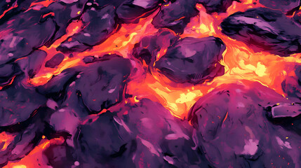 Abstract Pixel Art Depiction of Molten Lava Flowing Between Dark Rocks with Fiery Orange Heat