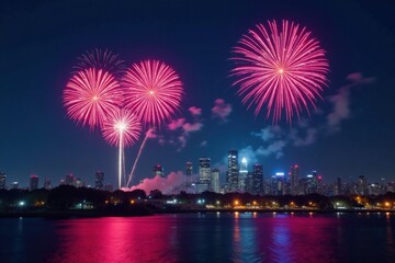 Fototapeta premium Fireworks exploding in the night sky over a cityscape, new year, celebration, nighttime
