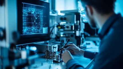 A quantum computing researcher developing AI based optimization algorithms for quantum simulations in a research lab, cutting-edge quantum lab with AI-enhanced simulation tools, Scientific style