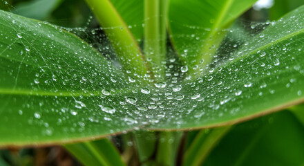 Naklejka premium Dew Drops on Green Leaf with Spider Web, Natural Concept