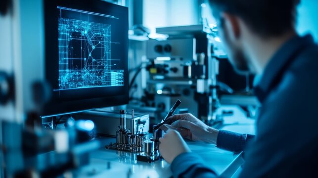 A quantum computing researcher developing AI based optimization algorithms for quantum simulations in a research lab, cutting-edge quantum lab with AI-enhanced simulation tools, Scientific style