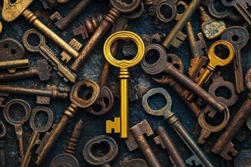 Golden key among rusty vintage keys symbolizing uniqueness, success, leadership, opportunity, standout potential, value, and personal growth in a conceptual metaphor on contrast and choice
