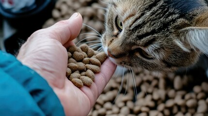 Cat Sniffing Food from Human Hand on a Sunny Day with Brown Kibble