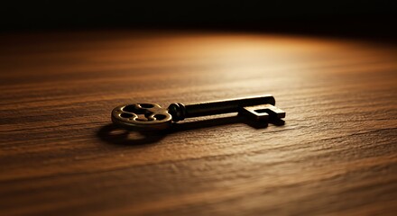 Antique Key Resting on a Warm Wooden Surface Under Soft Lighting