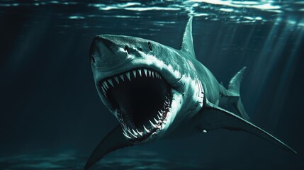Obraz premium A massive shark with its mouth wide open swims through dark ocean waters, revealing rows of deadly teeth.