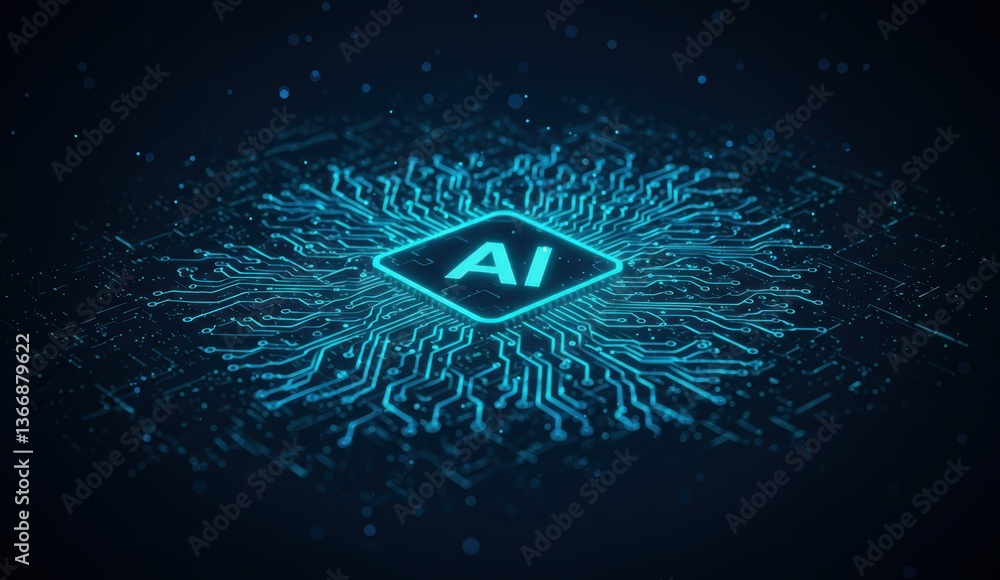 Poster ai technology represented by abstract circuit board design in blue fading light. themes of innovatio
