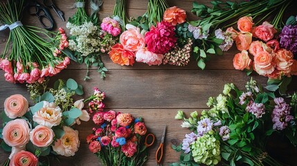 A floral arrangement workshop table with scissors, ribbons, and fresh bouquets