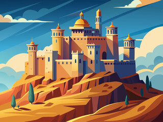 colorful illustration of a grand desert castle fortless